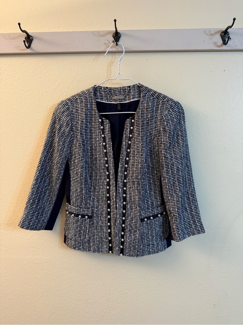 White House Black Market Navy and White Tweed Pearl-Trim Blazer
